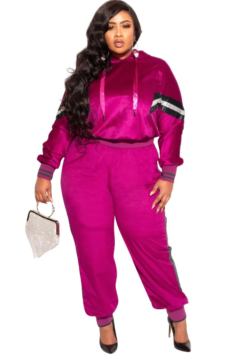 Final Sale Plus Size Long Sleeve Hooded Jogging Set in Magenta