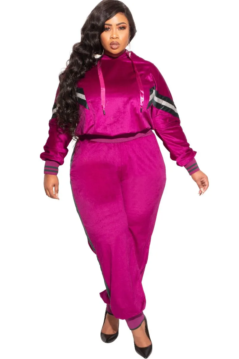 Final Sale Plus Size Long Sleeve Hooded Jogging Set in Magenta