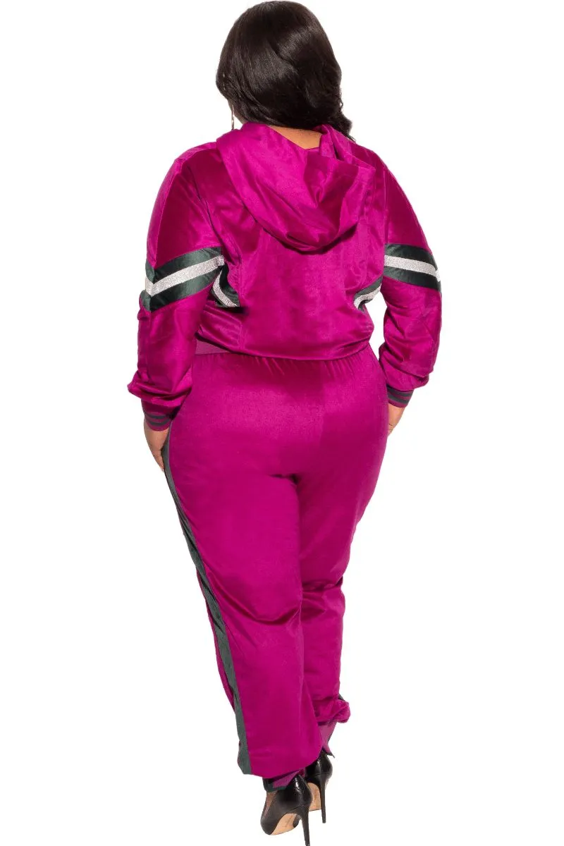 Final Sale Plus Size Long Sleeve Hooded Jogging Set in Magenta