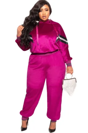 Final Sale Plus Size Long Sleeve Hooded Jogging Set in Magenta