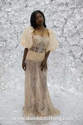 High Tea Evening Dress with Stones Beige