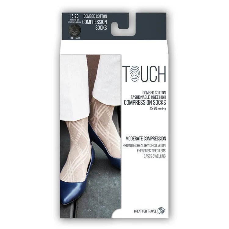 TOUCH Compression Socks for Women, 15-20 mmHg, Pattern Styling, Cotton, 1 pair, Tan